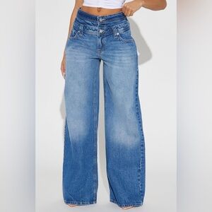 Mutual Crush Double Waistband Wide Leg Jeans - Medium Wash